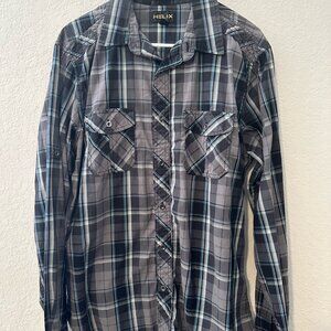 Helix Black Gray Blue Plaid Print Long Sleeve Button Down Shirt - L